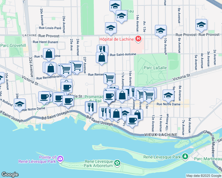 map of restaurants, bars, coffee shops, grocery stores, and more near 440 19e Avenue in Montréal