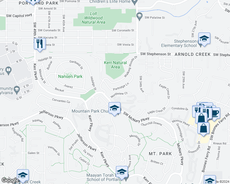 map of restaurants, bars, coffee shops, grocery stores, and more near 14 Northview Court in Lake Oswego
