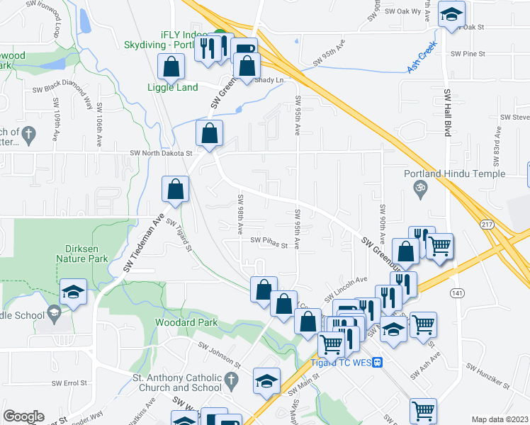 map of restaurants, bars, coffee shops, grocery stores, and more near 11477 Southwest Greenburg Road in Tigard