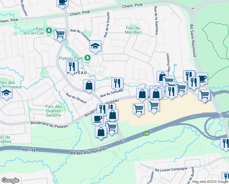 map of restaurants, bars, coffee shops, grocery stores, and more near Rue du Satellite in Gatineau