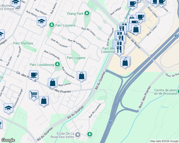 map of restaurants, bars, coffee shops, grocery stores, and more near 8170 Rue Lausanne in Brossard