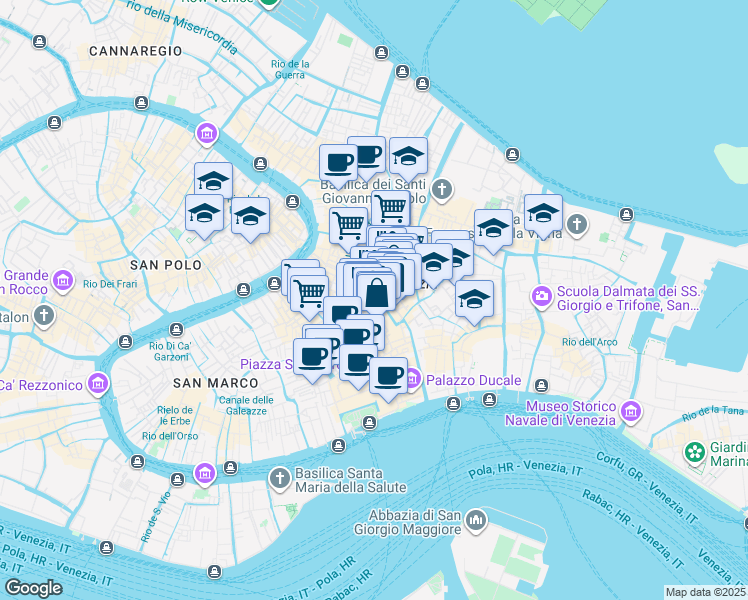 map of restaurants, bars, coffee shops, grocery stores, and more near 5402 Calle Giazzo in Venezia