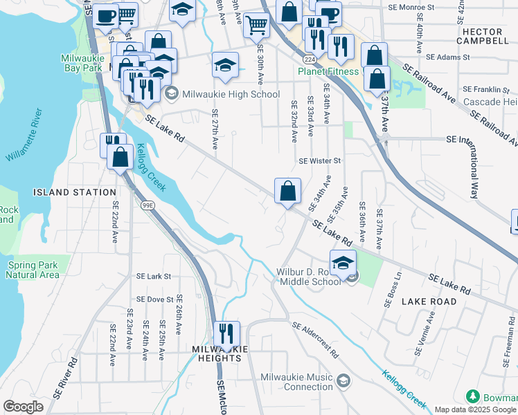 map of restaurants, bars, coffee shops, grocery stores, and more near 3150 Southeast Lake Road in Milwaukie