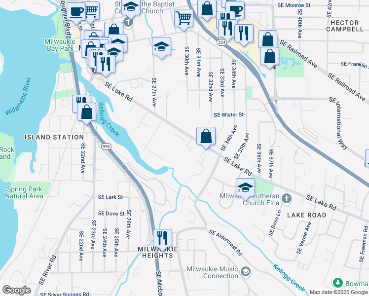 map of restaurants, bars, coffee shops, grocery stores, and more near 3172 Southeast Lake Road in Milwaukie