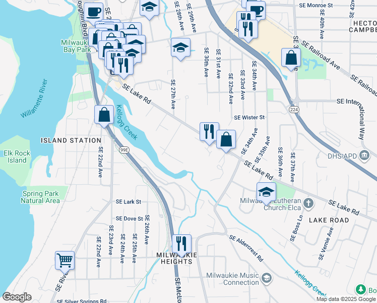 map of restaurants, bars, coffee shops, grocery stores, and more near 2892 Southeast Lake Road in Milwaukie