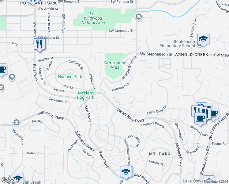 map of restaurants, bars, coffee shops, grocery stores, and more near 8 Northview Court in Lake Oswego