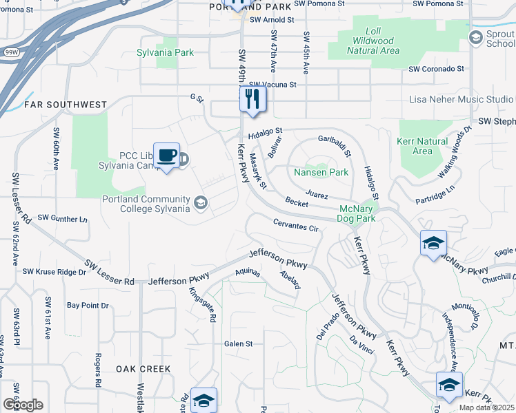 map of restaurants, bars, coffee shops, grocery stores, and more near 289 Cervantes in Lake Oswego