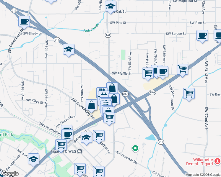 map of restaurants, bars, coffee shops, grocery stores, and more near 11580 Southwest Hall Boulevard in Tigard