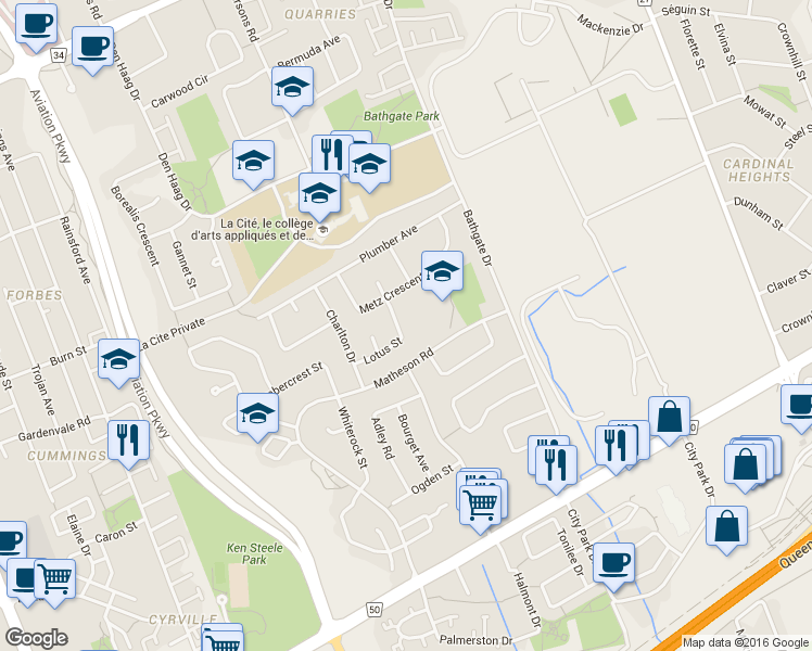 map of restaurants, bars, coffee shops, grocery stores, and more near in Ottawa
