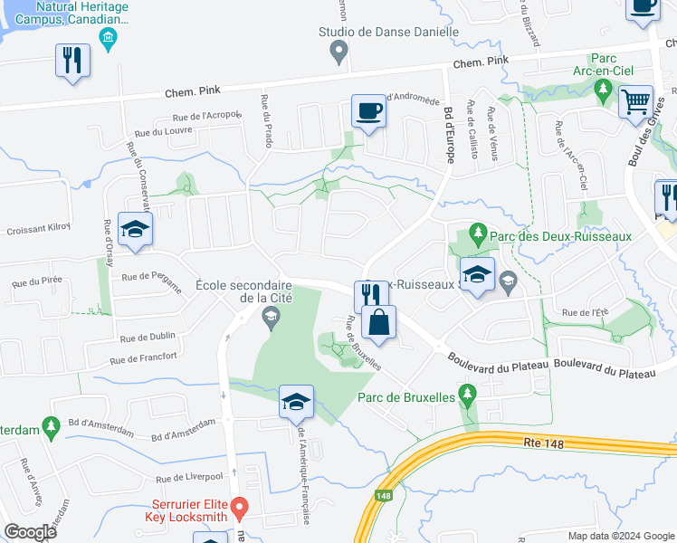 map of restaurants, bars, coffee shops, grocery stores, and more near 150 Rue de Londres in Gatineau
