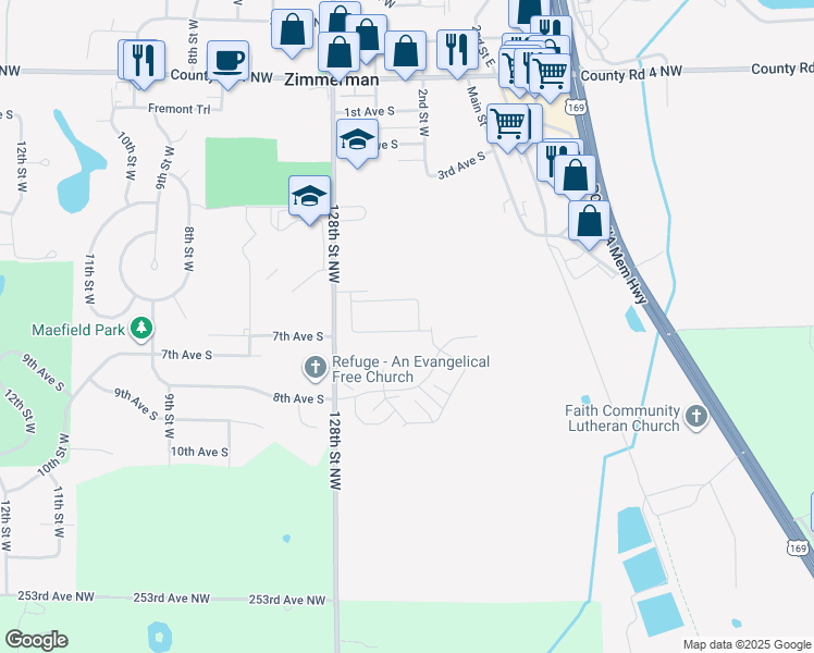 map of restaurants, bars, coffee shops, grocery stores, and more near 25728 2nd Street West in Zimmerman