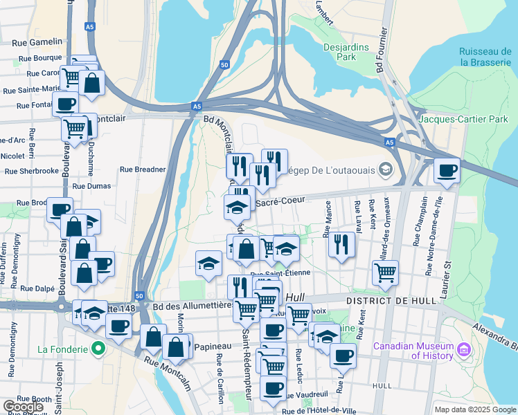 map of restaurants, bars, coffee shops, grocery stores, and more near 20 Boulevard Sacré-Coeur in Gatineau