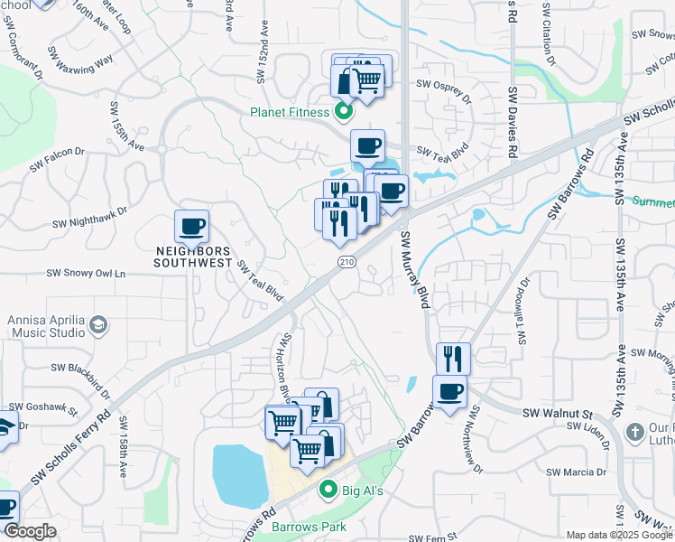 map of restaurants, bars, coffee shops, grocery stores, and more near 14655 Southwest Quail Lane in Beaverton