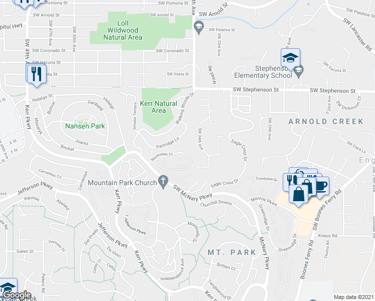 map of restaurants, bars, coffee shops, grocery stores, and more near 46 Northview Court in Lake Oswego