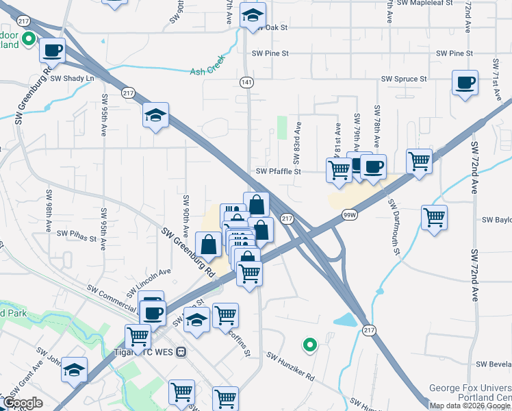 map of restaurants, bars, coffee shops, grocery stores, and more near 11580 Southwest Hall Boulevard in Tigard