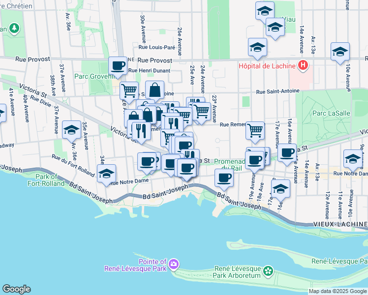 map of restaurants, bars, coffee shops, grocery stores, and more near 2825 Rue Victoria in Montréal