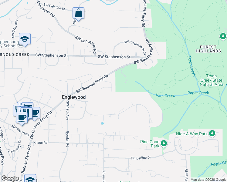 map of restaurants, bars, coffee shops, grocery stores, and more near 12324 Southwest 13th Court in Portland