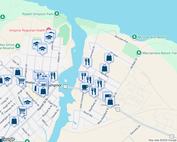 map of restaurants, bars, coffee shops, grocery stores, and more near 44 3rd Avenue in Arnprior