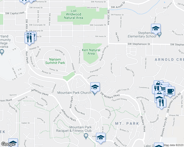 map of restaurants, bars, coffee shops, grocery stores, and more near 18 Northview Court in Lake Oswego