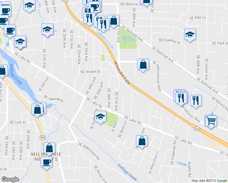 map of restaurants, bars, coffee shops, grocery stores, and more near 12031 Southeast Kehrli Drive in Milwaukie