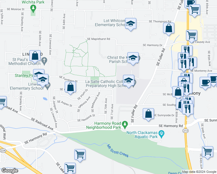 map of restaurants, bars, coffee shops, grocery stores, and more near 7015 Southeast Plum Drive in Milwaukie