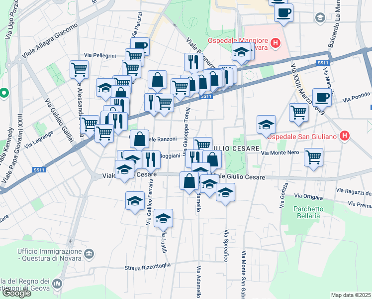 map of restaurants, bars, coffee shops, grocery stores, and more near 29 Via Giuseppe Torelli in Novara