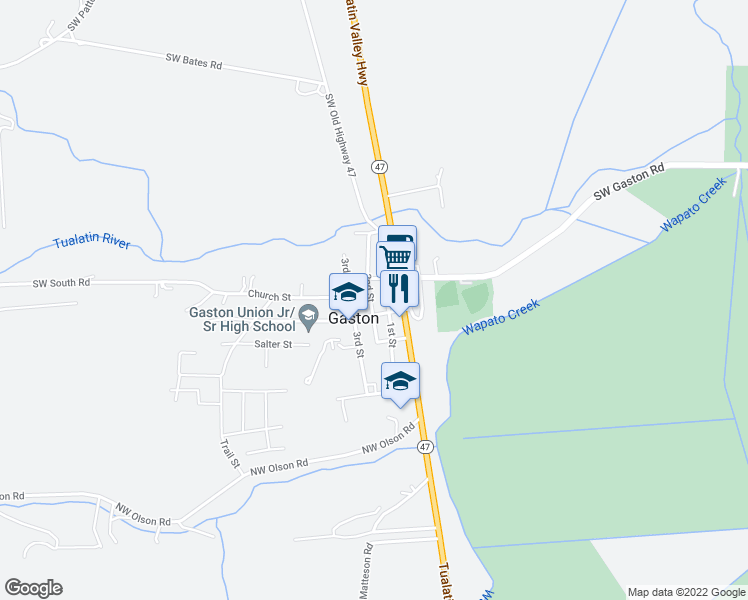 map of restaurants, bars, coffee shops, grocery stores, and more near 209 2nd Street in Gaston