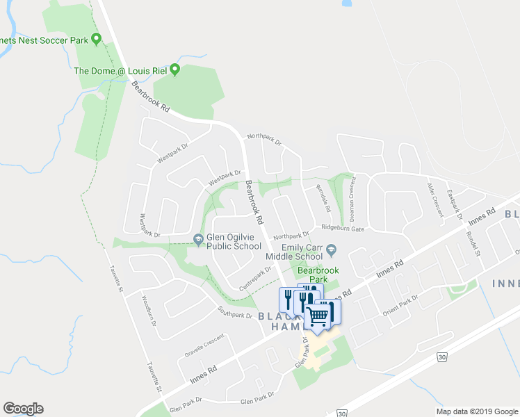 map of restaurants, bars, coffee shops, grocery stores, and more near 57 Bearbrook Road in Ottawa