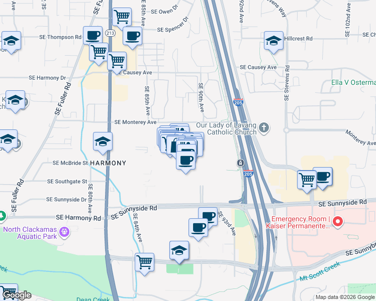 map of restaurants, bars, coffee shops, grocery stores, and more near 12100 Southeast 82nd Avenue in Happy Valley