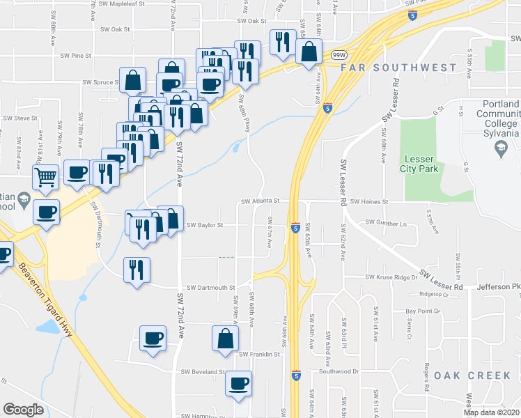 map of restaurants, bars, coffee shops, grocery stores, and more near 11565 Southwest 67th Avenue in Tigard