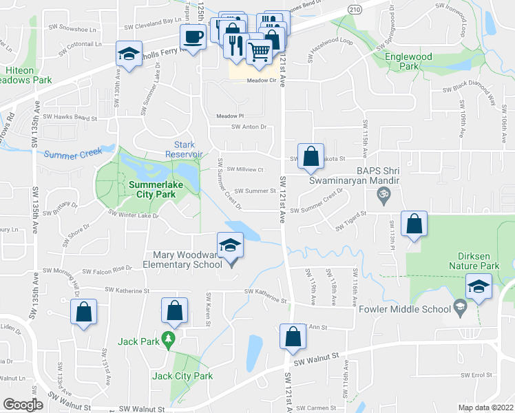 map of restaurants, bars, coffee shops, grocery stores, and more near 12205 Southwest Summer Crest Drive in Tigard