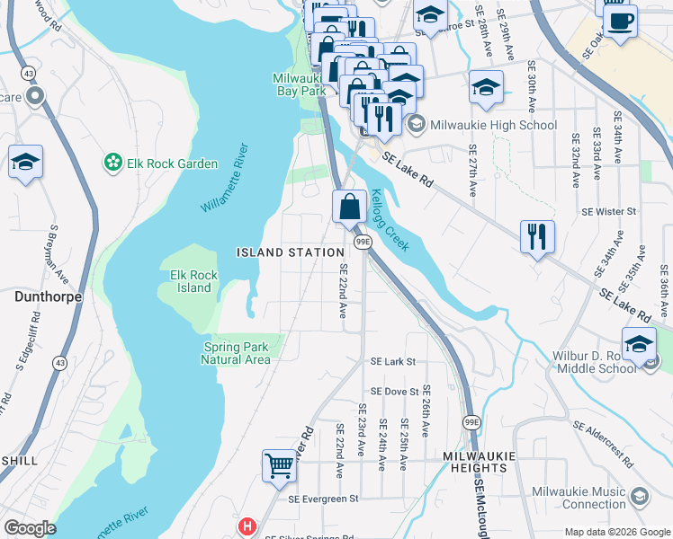 map of restaurants, bars, coffee shops, grocery stores, and more near 120 Southeast Bobwhite Street in Milwaukie