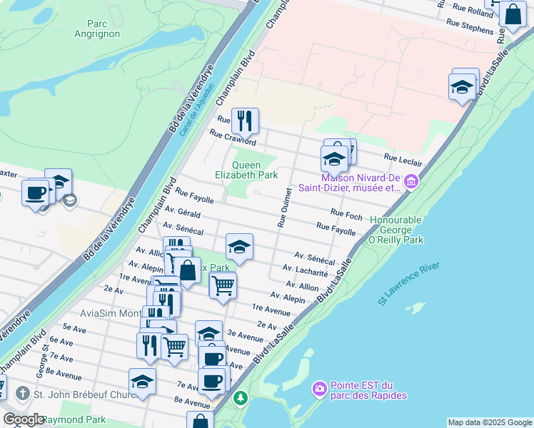 map of restaurants, bars, coffee shops, grocery stores, and more near 1632 Rue Fayolle in Verdun