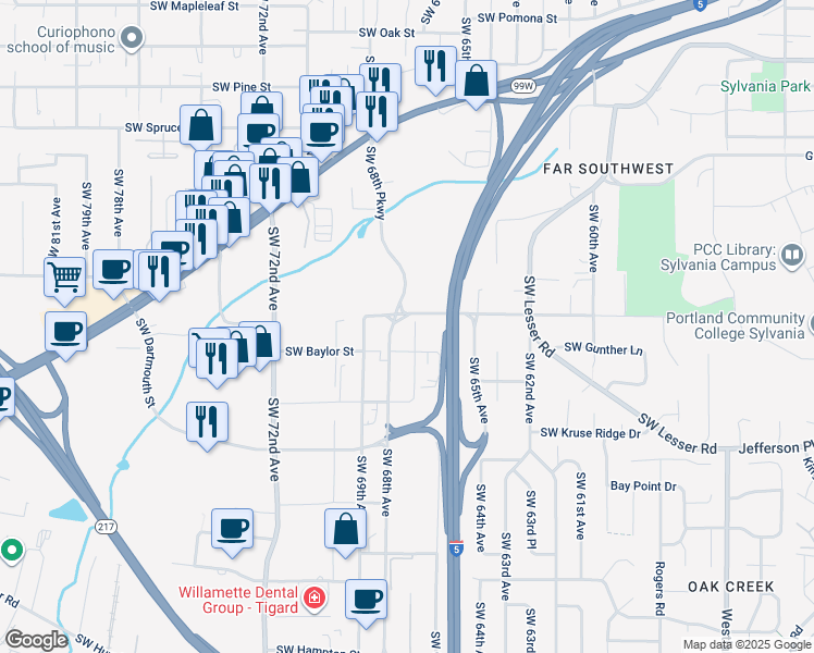 map of restaurants, bars, coffee shops, grocery stores, and more near 11565 Southwest 67th Avenue in Tigard