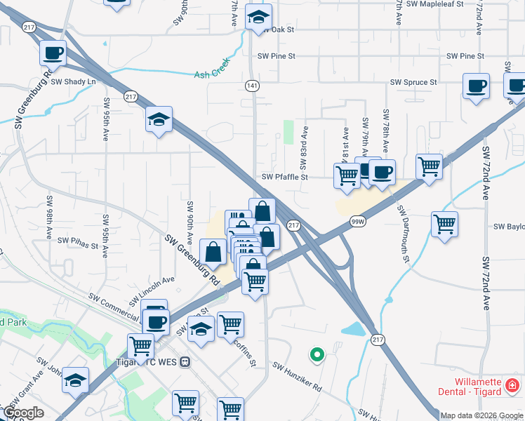 map of restaurants, bars, coffee shops, grocery stores, and more near 11580 Southwest Hall Boulevard in Tigard