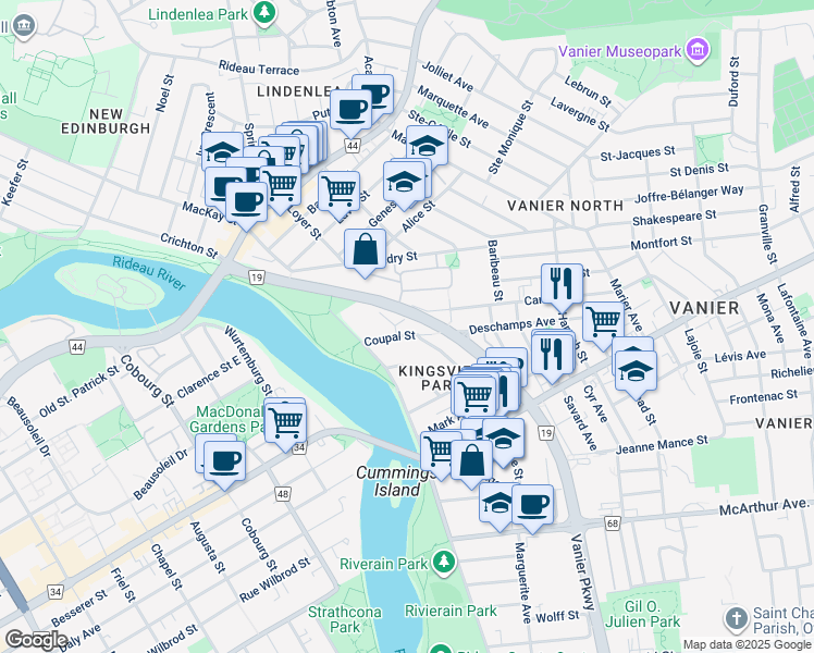 map of restaurants, bars, coffee shops, grocery stores, and more near 39 Coupal Street in Ottawa