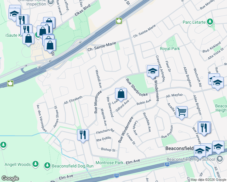map of restaurants, bars, coffee shops, grocery stores, and more near 224 Sherwood Road in Beaconsfield