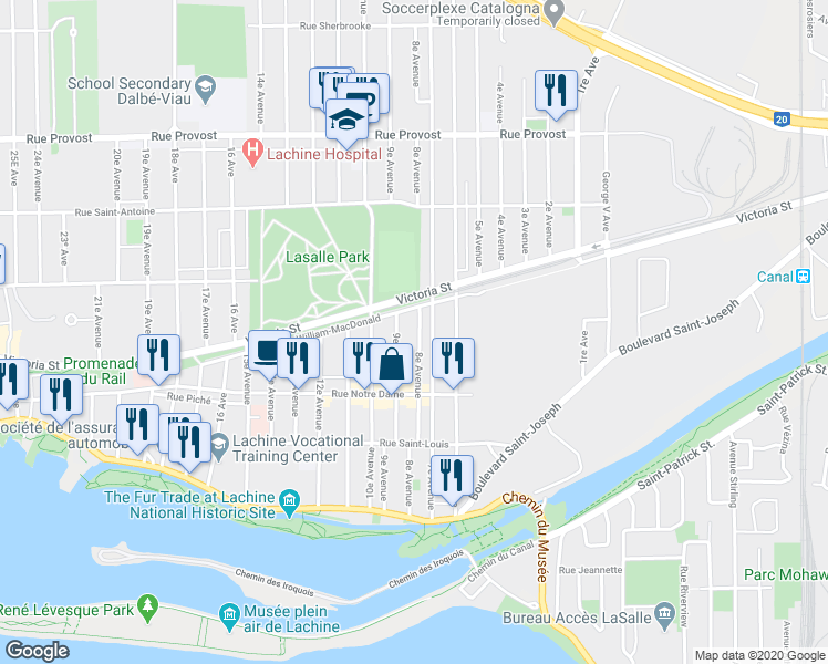 map of restaurants, bars, coffee shops, grocery stores, and more near 367 8e Avenue in Montréal