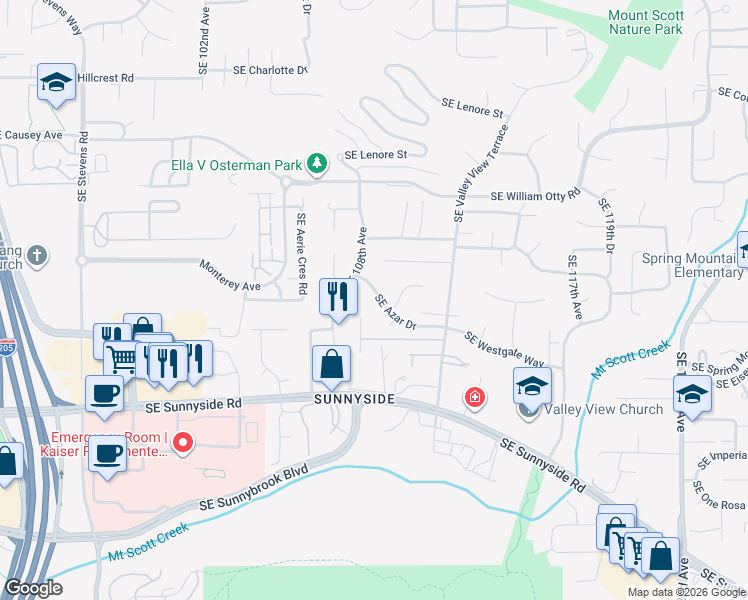map of restaurants, bars, coffee shops, grocery stores, and more near 10920 Southeast Azar Drive in Happy Valley
