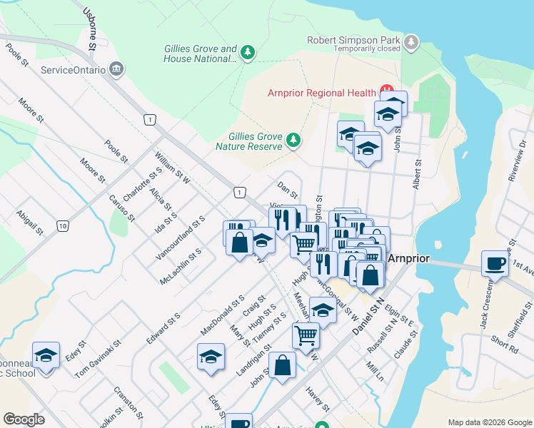 map of restaurants, bars, coffee shops, grocery stores, and more near Elgin Street West in Arnprior