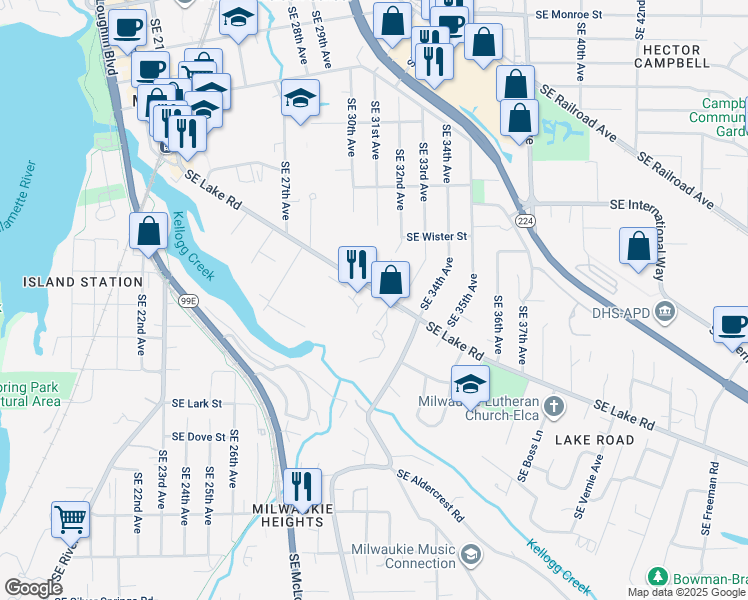 map of restaurants, bars, coffee shops, grocery stores, and more near 3202 Southeast Lake Road in Milwaukie