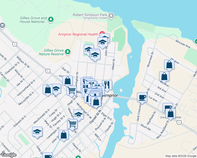 map of restaurants, bars, coffee shops, grocery stores, and more near 47 Victoria Street in Arnprior