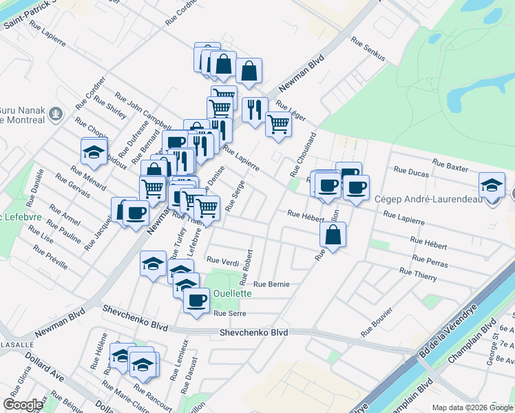 map of restaurants, bars, coffee shops, grocery stores, and more near 7751 Rue Anita in Montréal