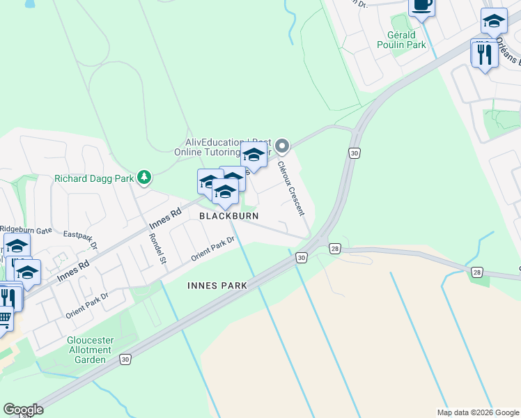 map of restaurants, bars, coffee shops, grocery stores, and more near 2368 Keystone Court in Ottawa