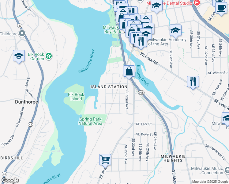 map of restaurants, bars, coffee shops, grocery stores, and more near 12082 Southeast 20th Avenue in Portland