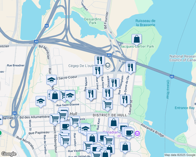 map of restaurants, bars, coffee shops, grocery stores, and more near 222 Rue Laval in Gatineau