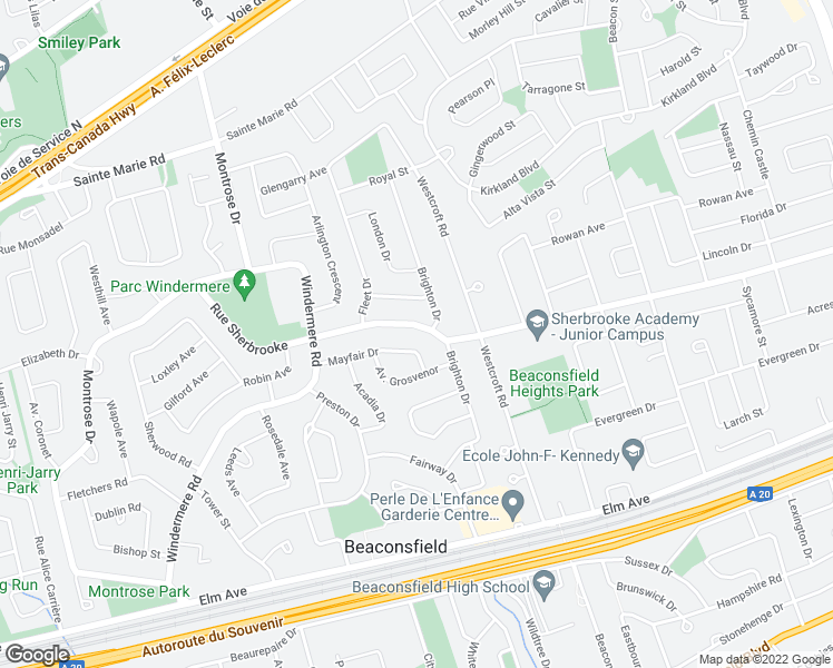 map of restaurants, bars, coffee shops, grocery stores, and more near 256 Rue Sherbrooke in Beaconsfield