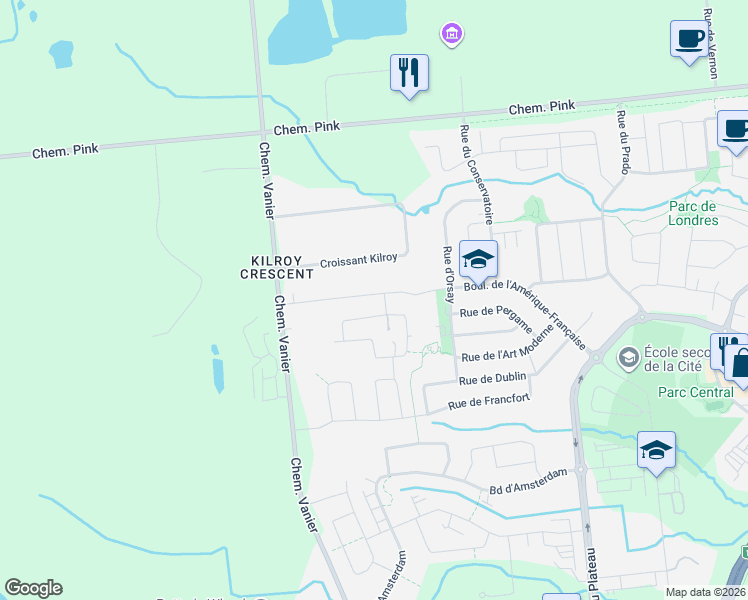 map of restaurants, bars, coffee shops, grocery stores, and more near 99 Boulevard de l'Amérique-Française in Gatineau
