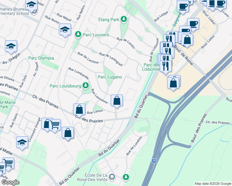 map of restaurants, bars, coffee shops, grocery stores, and more near 7800 Rue de Liverpool in Brossard