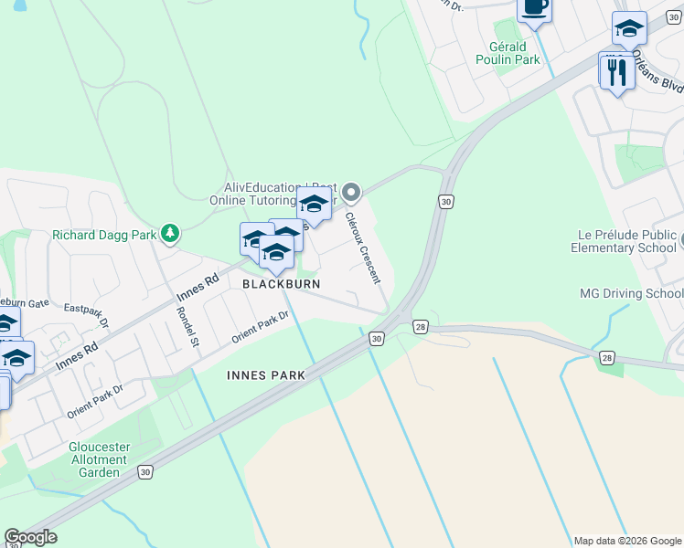 map of restaurants, bars, coffee shops, grocery stores, and more near 5722 Kemplane Court in Ottawa
